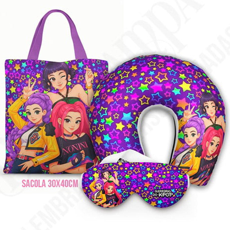 Kit Guerreiras K-Pop personalizado: almofada de pescoço infantil, ecobag 36x42 cm e máscara de dormir, estampa estrelas.