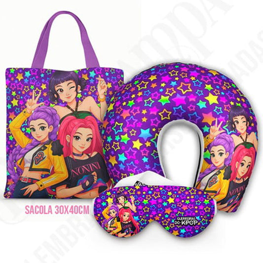 Kit Guerreiras K-Pop personalizado: almofada de pescoço infantil, ecobag 36x42 cm e máscara de dormir, estampa estrelas.