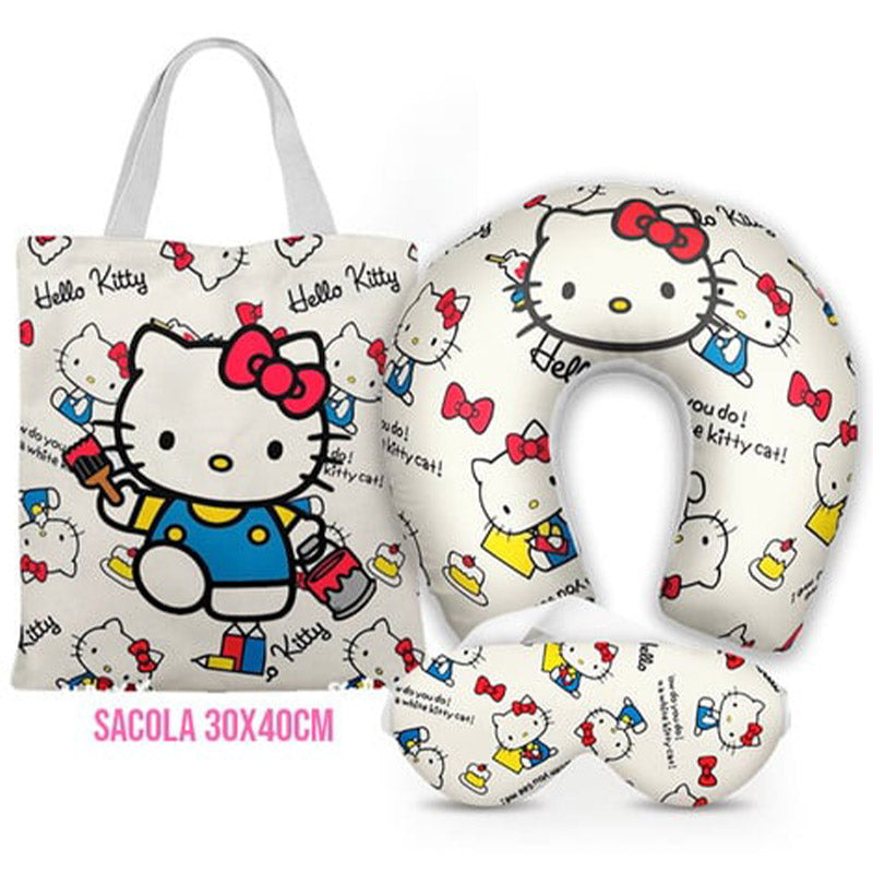 Kit Hello Kitty personalizado: almofada de pescoço infantil, ecobag 36x42 cm e máscara de dormir, estampa colorido.