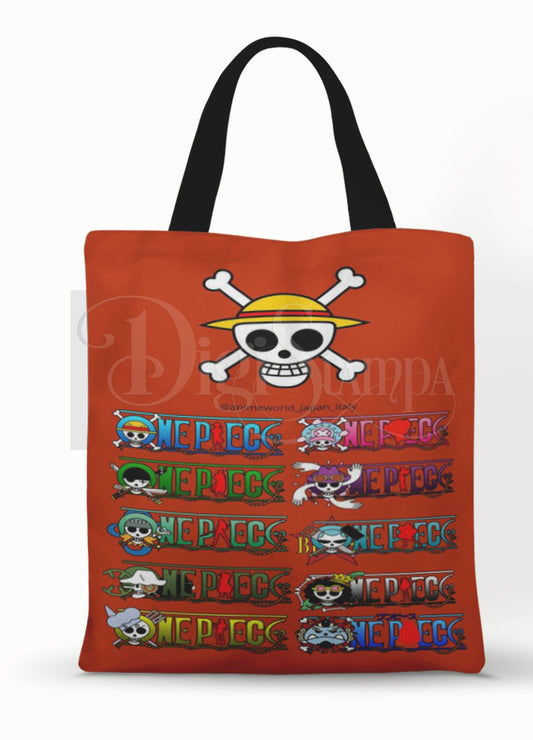 Ecobag personalizada One Piece: vermelha com caveira, com alças.