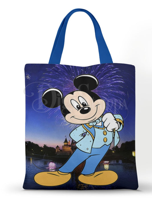 Ecobag personalizada Mickey Mouse: azul com roupa ilustrada, com alças.