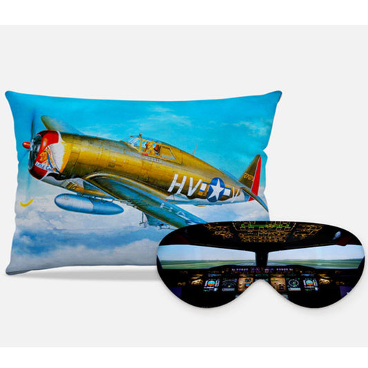 Kit Aviões personalizado: almofada retangular e máscara de dormir, estampa azul.