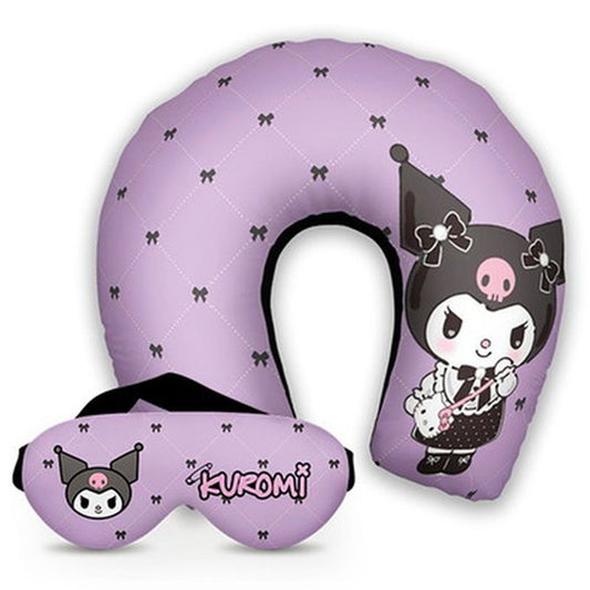 Kit infantil Kuromi: almofada de pescoço e máscara de dormir personalizadas, estampa lilás.