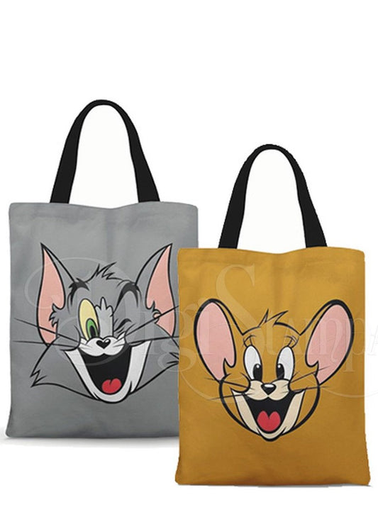 Ecobag personalizada Tom e Jerry: cinza e amarela, com alças.