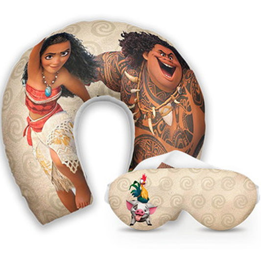 Kit infantil Moana: almofada de pescoço e máscara de dormir personalizadas, estampa bege.