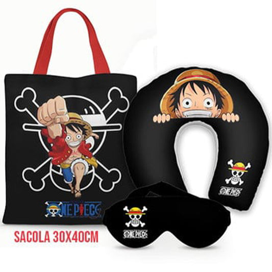 Kit One Piece personalizado: almofada de pescoço infantil, ecobag 36x42 cm e máscara de dormir, estampa caveira.