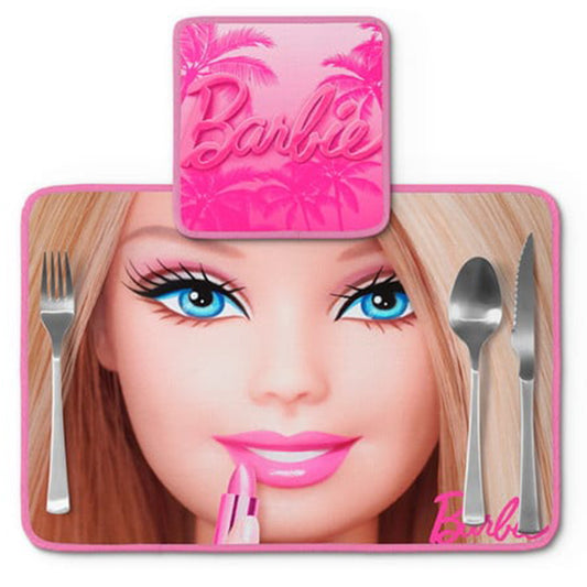 Jogo americano Barbie, rosa com rosto da boneca, com porta-prato e porta-copo.