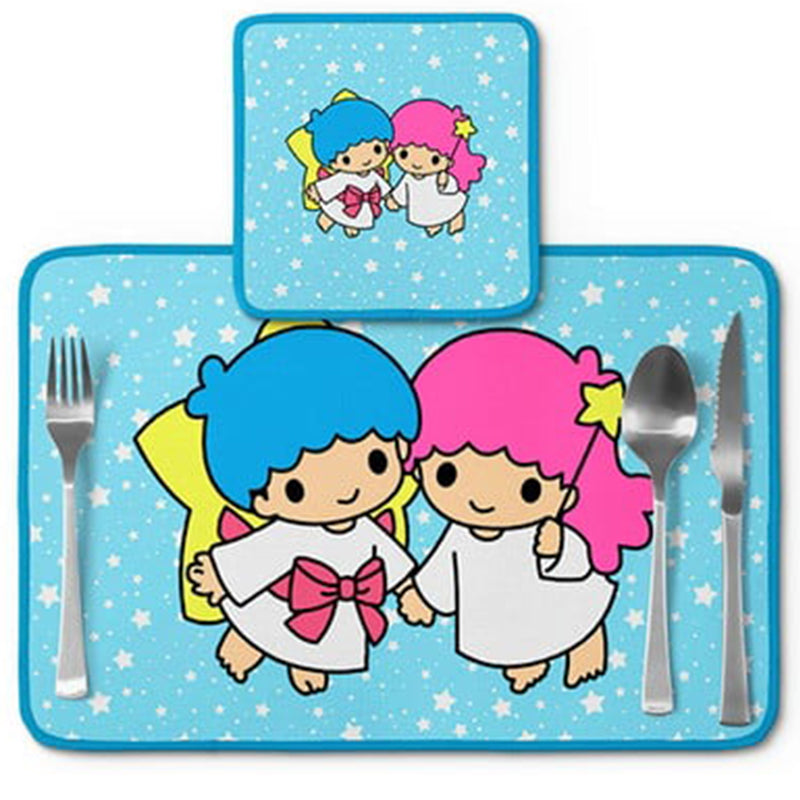 Jogo americano Little Twin Stars, azul com estrelas, com porta-prato e porta-copo.