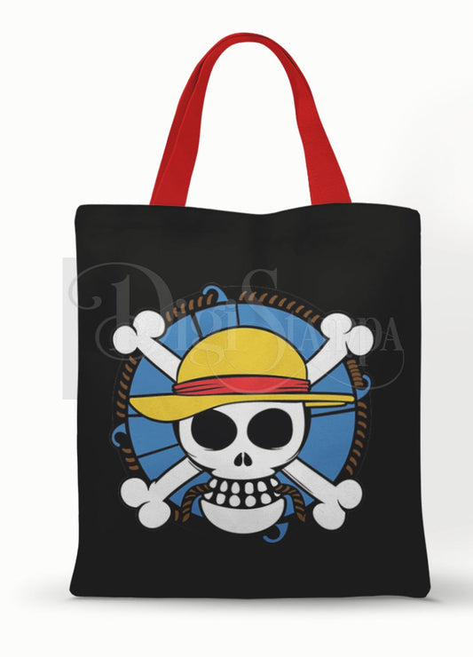 Ecobag personalizada One Piece: preta com caveira colorida, com alças.