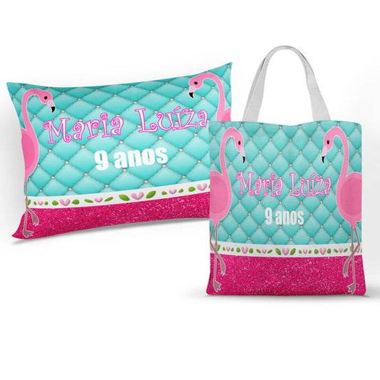 Almofada 20x30 Bolsa Ecobag Kit + Eco Bag Flamingos — Sacola