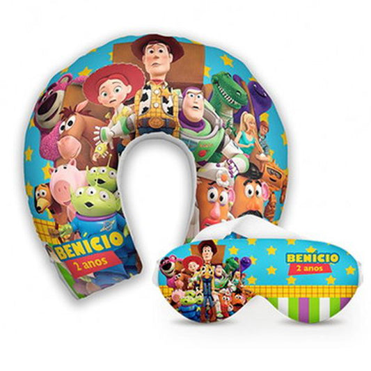 Kit infantil Toy Story: almofada de pescoço e máscara de dormir personalizadas, estampa colorido.