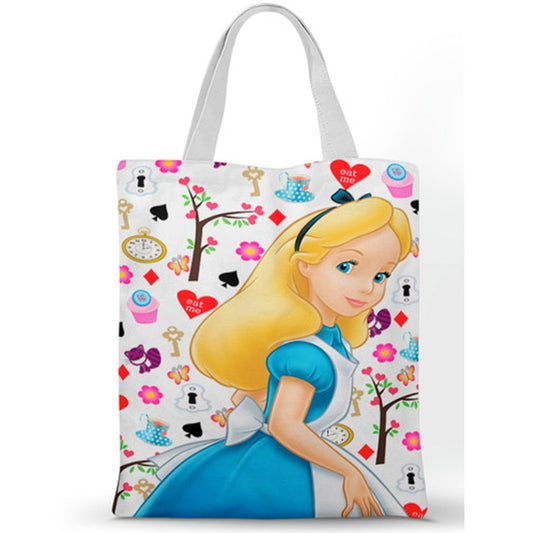 Ecobag personalizada Alice: branca com flores e cartas, com alças.