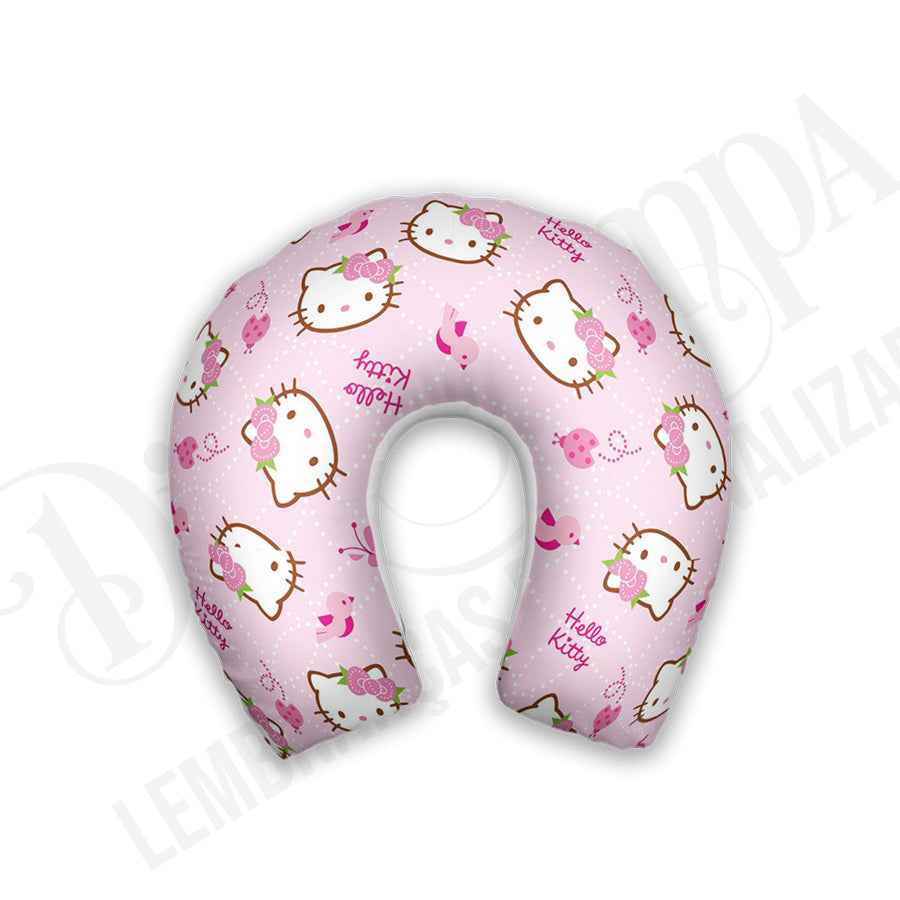 Kit infantil Hello Kitty: almofada de pescoço e máscara de dormir personalizadas, estampa rosa.