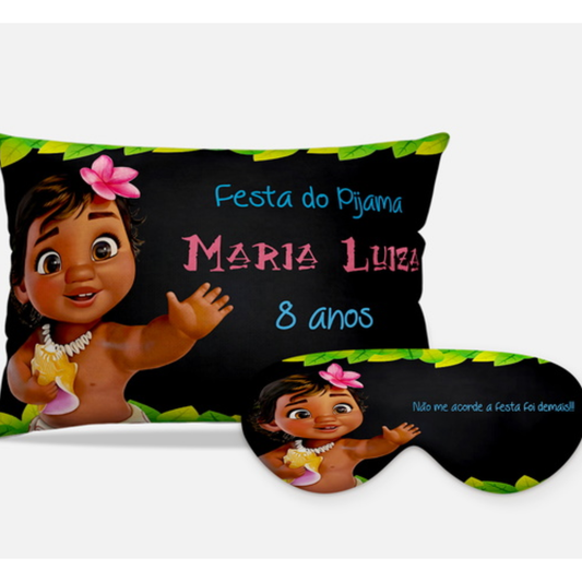 Kit Moana Bebê personalizado: almofada retangular e máscara de dormir, estampa preto e flores.