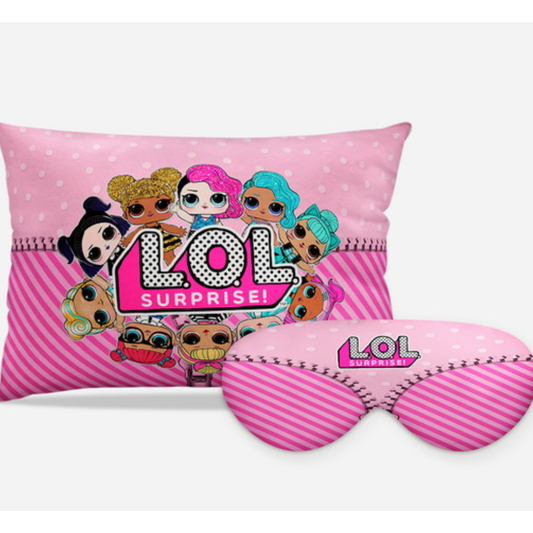 Kit LOL Surprise personalizado: almofada retangular e máscara de dormir, estampa rosa listrado.