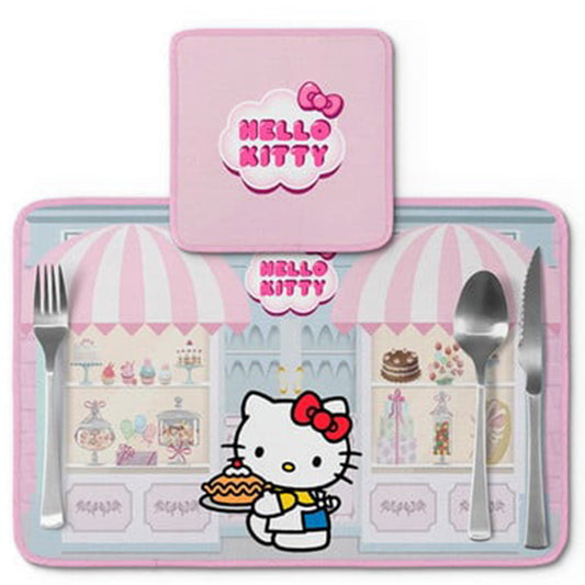 Jogo americano Hello Kitty, confeitaria rosa, com porta-prato e porta-copo.