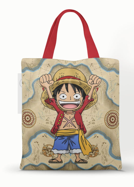 Ecobag personalizada One Piece: bege com mapa e luffy, com alças.