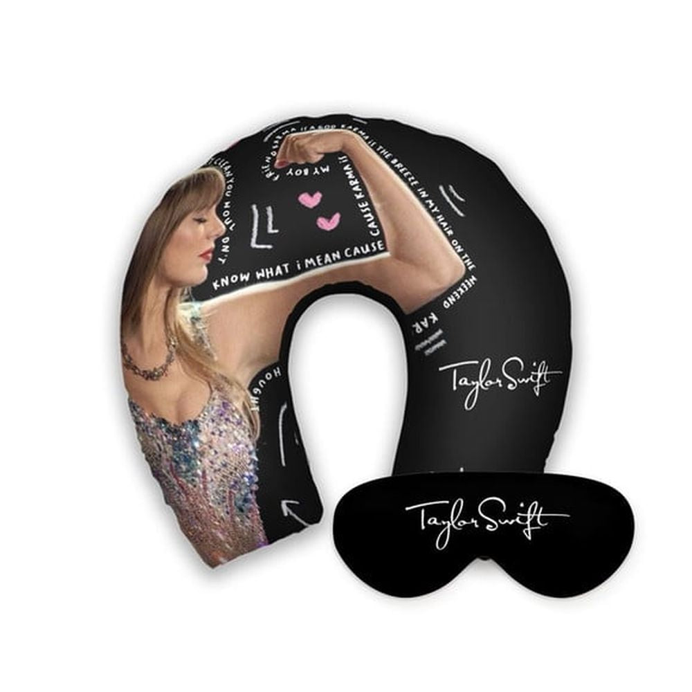 Kit infantil Taylor Swift: almofada de pescoço e máscara de dormir personalizadas, estampa preto.