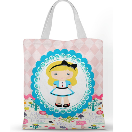 Ecobag personalizada Alice: rosa com moldura azul, com alças.