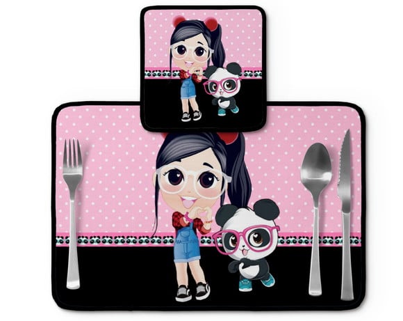 Jogo americano Luluca, rosa e preto com panda, com porta-prato e porta-copo.
