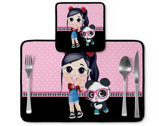 Jogo americano Luluca, rosa e preto com panda, com porta-prato e porta-copo.