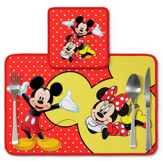 Jogo americano Mickey e Minnie, amarelo com coração, com porta-prato e porta-copo.