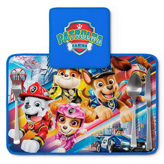 Jogo americano Patrulha Canina, azul com personagens, com porta-prato e porta-copo.