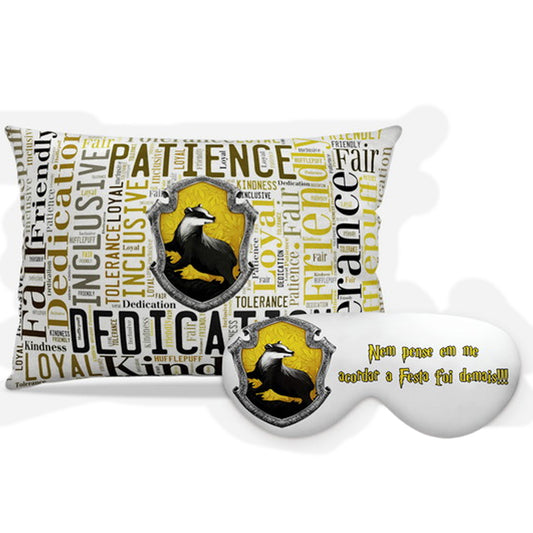 Kit Harry Potter personalizado: almofada retangular e máscara de dormir, estampa lufa-lufa.