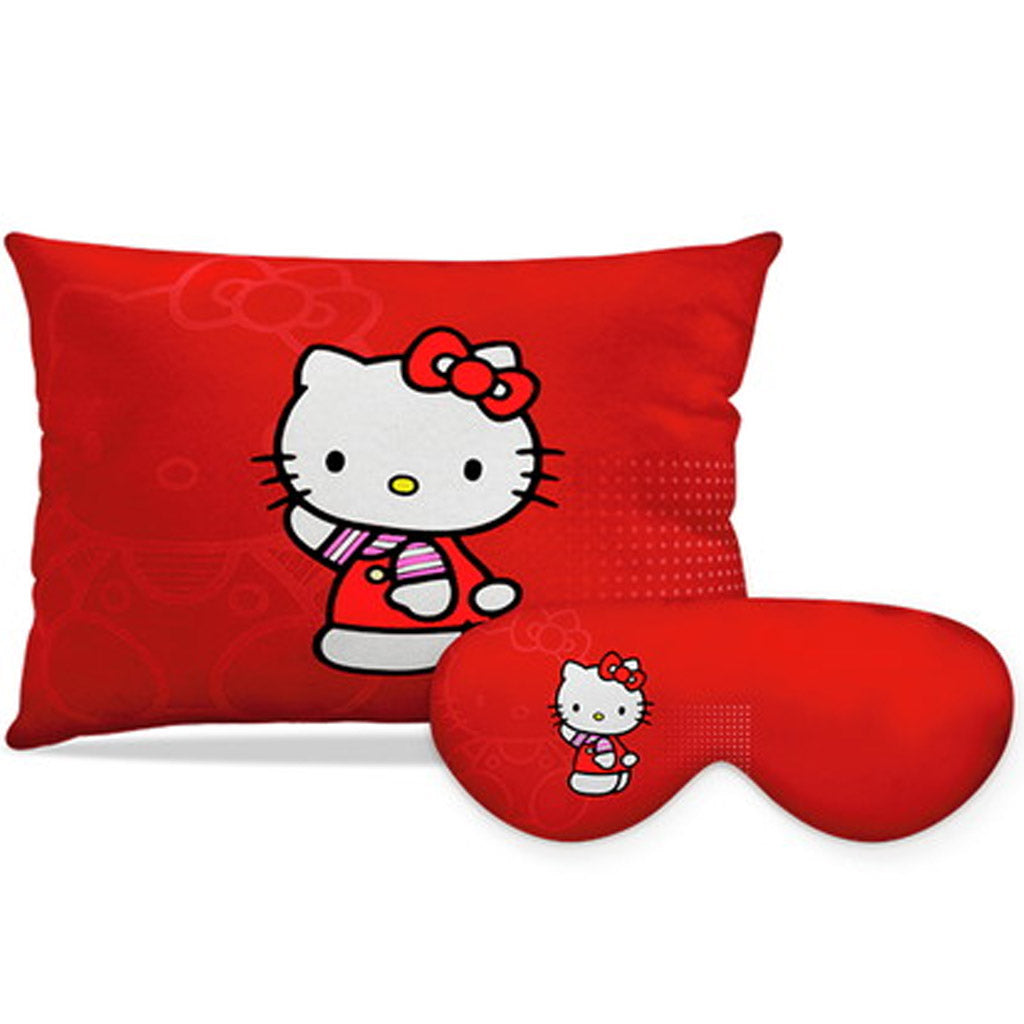 Kit Hello Kitty personalizado: almofada retangular e máscara de dormir, estampa vermelho.