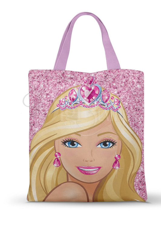 Ecobag personalizada Barbie: rosa com coroa ilustrada, com alças.