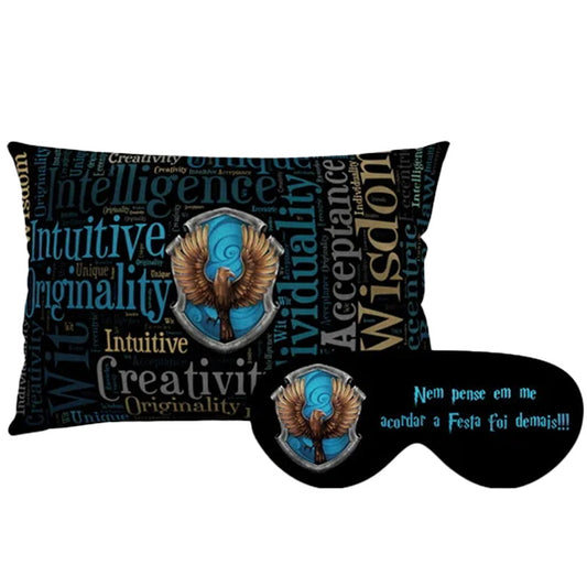 Kit Harry Potter personalizado: almofada retangular e máscara de dormir, estampa corvinal azul.