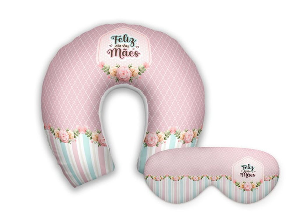 Kit infantil Dia das Mães: almofada de pescoço e máscara de dormir personalizadas, estampa flores.