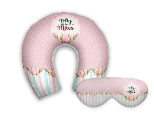 Kit infantil Dia das Mães: almofada de pescoço e máscara de dormir personalizadas, estampa flores.