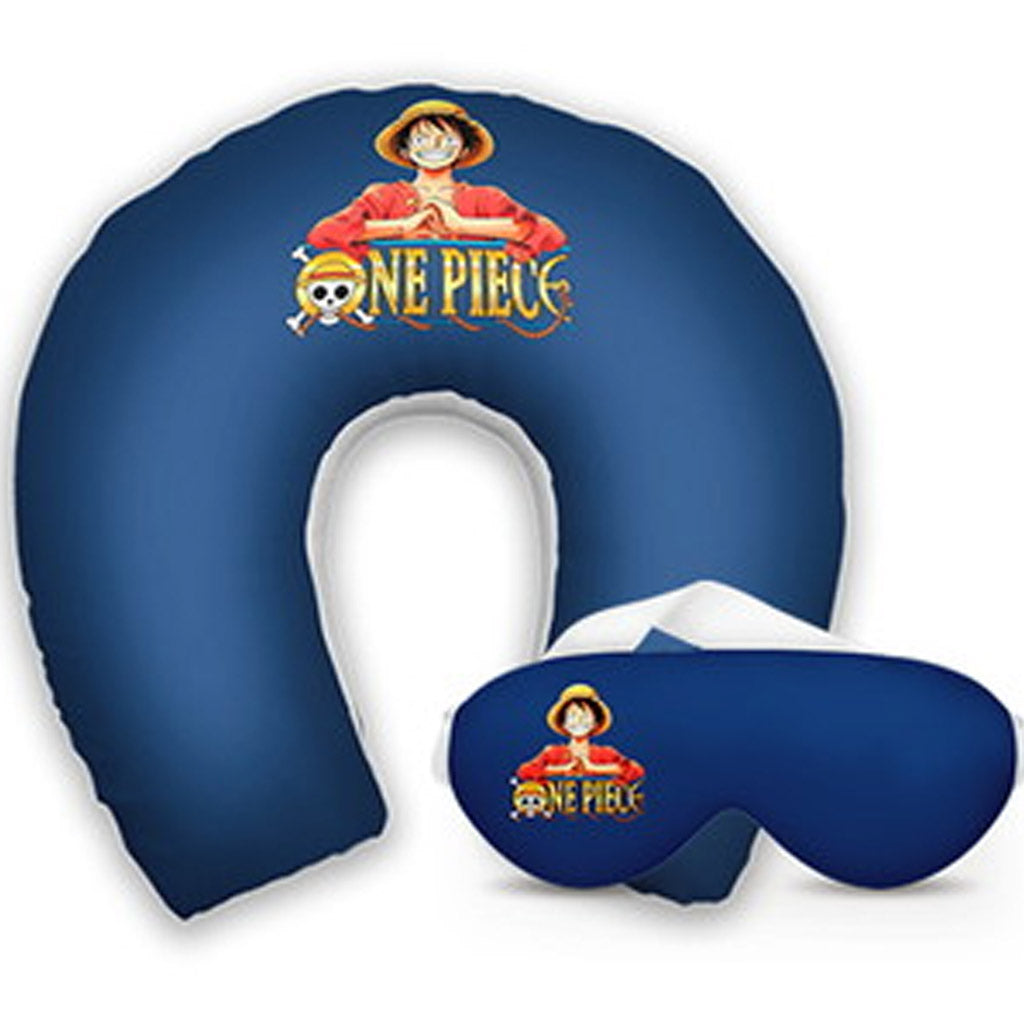 Kit infantil One Piece: almofada de pescoço e máscara de dormir personalizadas, estampa azul.
