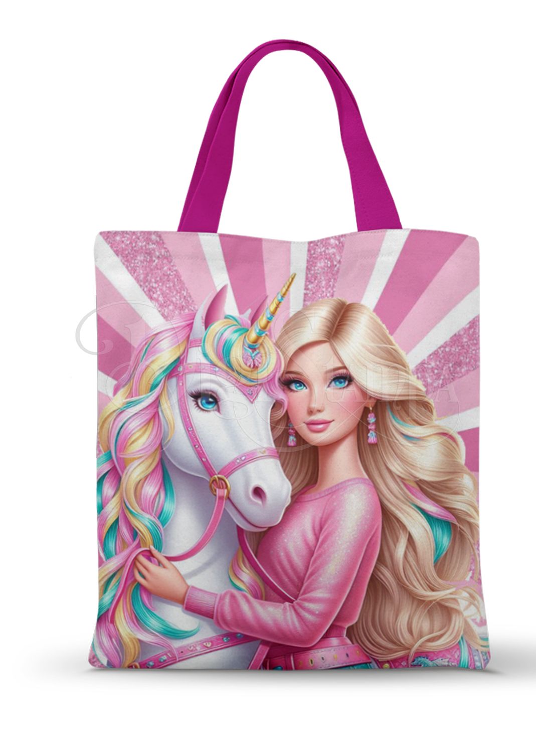 Ecobag personalizada Barbie: rosa com unicórnio, com alças.