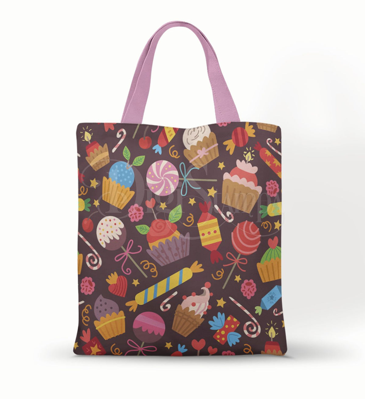 Ecobag personalizada Confeitaria: marrom com doces coloridos, com alças.
