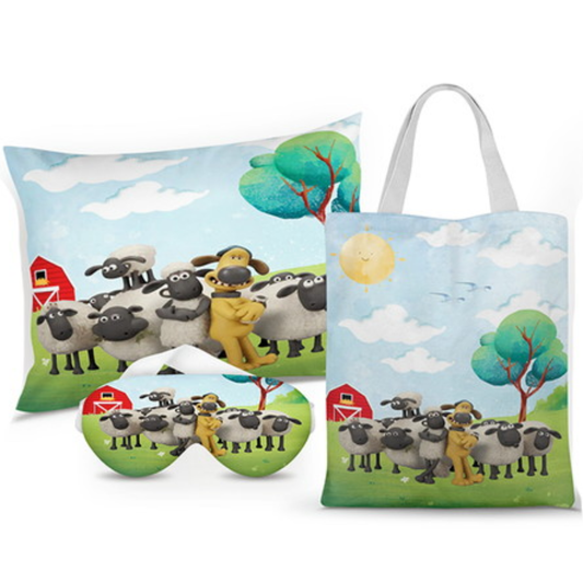 Kit Ovelha Shaun personalizado: almofada 20x30 cm, ecobag 25x32 cm e máscara de dormir, estampa verde.
