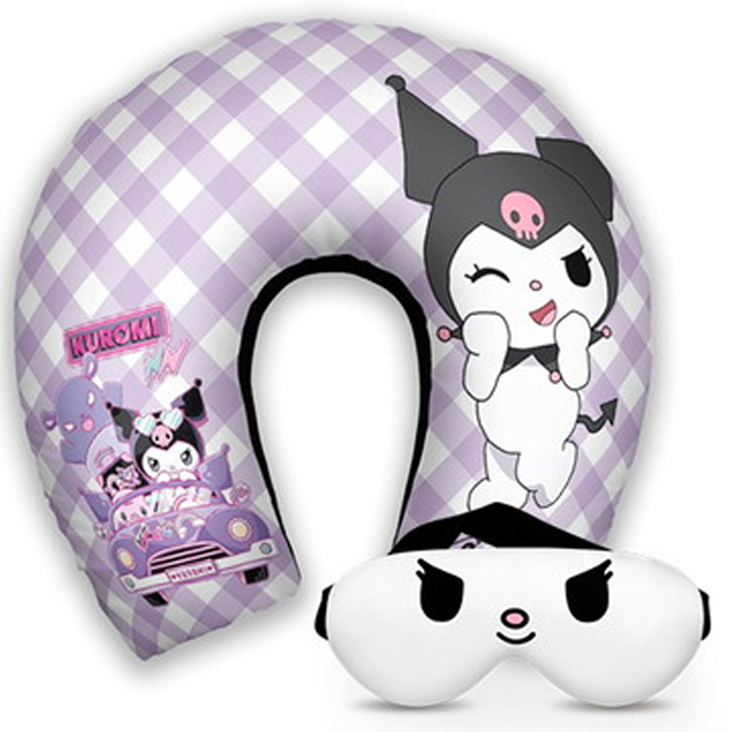 Kit infantil Kuromi: almofada de pescoço e máscara de dormir personalizadas, estampa xadrez.