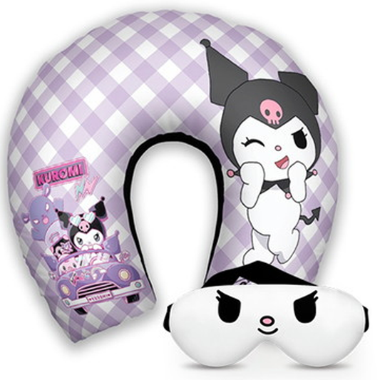 Kit infantil Kuromi: almofada de pescoço e máscara de dormir personalizadas, estampa xadrez.