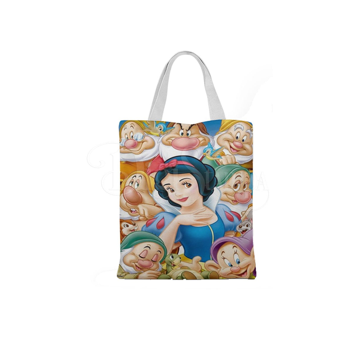 Ecobag personalizada Branca de Neve: colorida com anões, com alças.