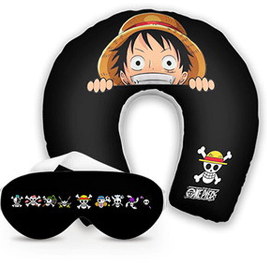 Kit infantil One Piece: almofada de pescoço e máscara de dormir personalizadas, estampa preto.