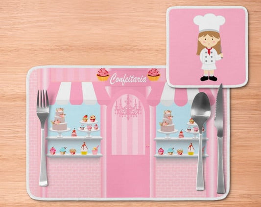 Jogo americano Confeitaria, rosa com listras, com porta-prato e porta-copo.