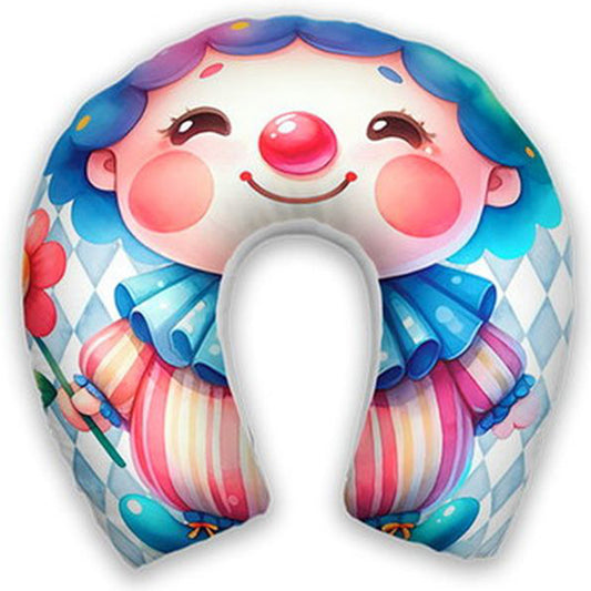 Almofada de pescoço infantil Circo: rosto de palhaço, balões, losangos e listras coloridas.