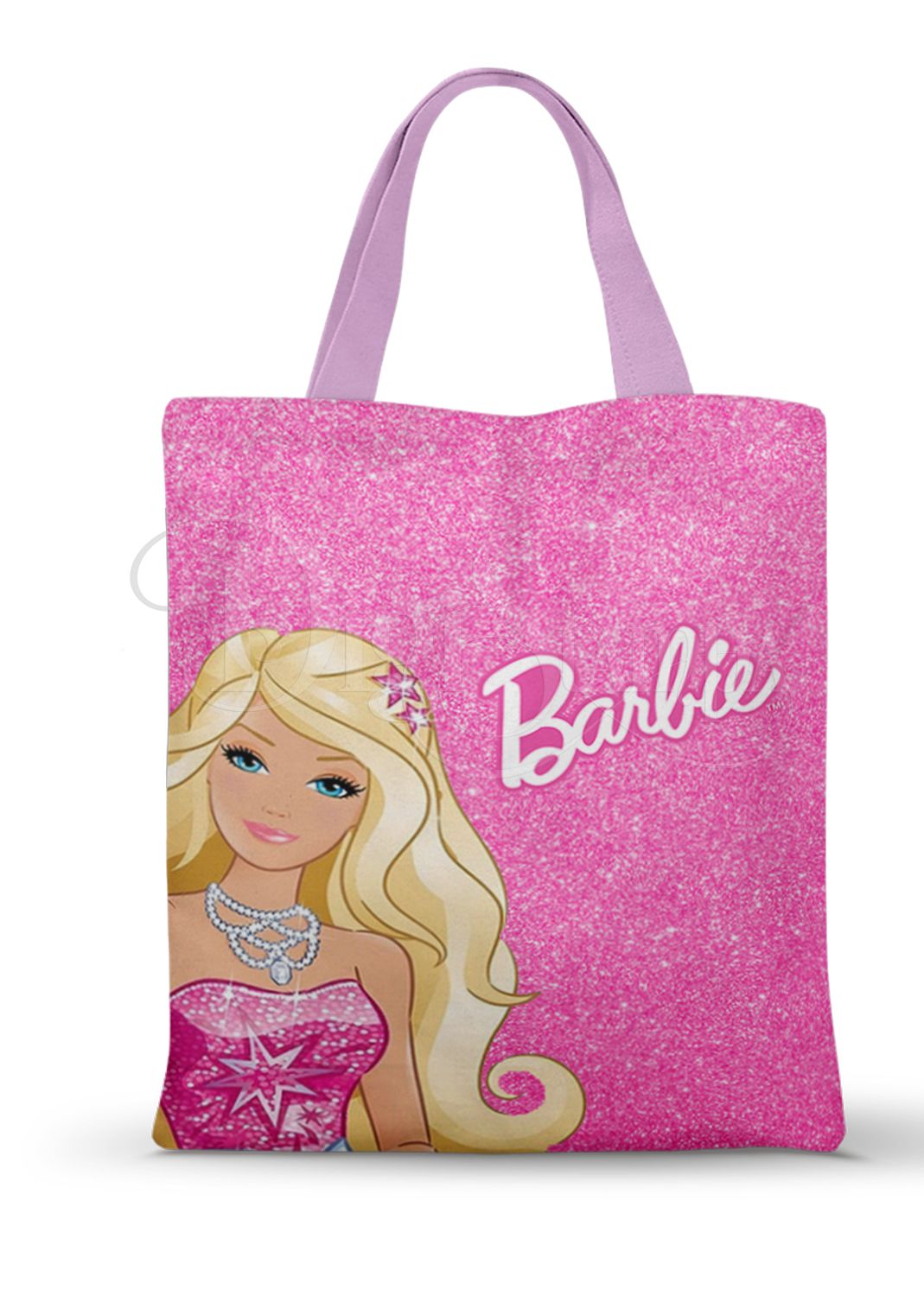 Ecobag personalizada Barbie: rosa com desenho e escrita, com alças.