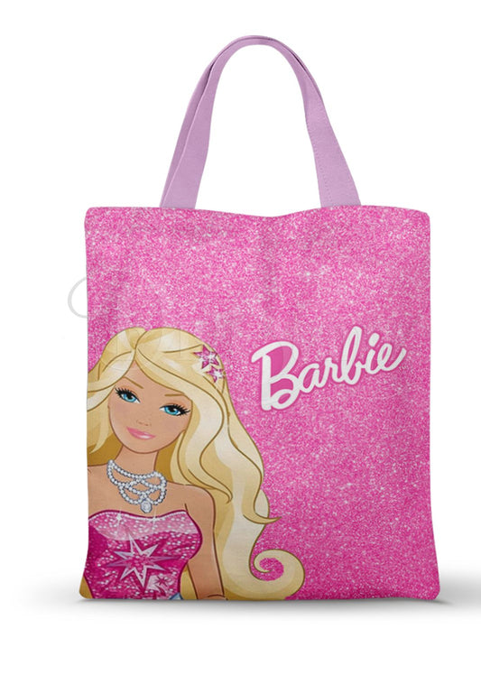 Ecobag personalizada Barbie: rosa com desenho e escrita, com alças.