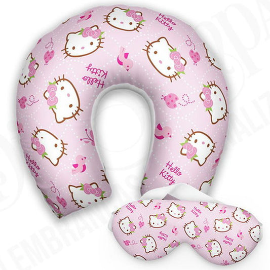 Kit infantil Hello Kitty: almofada de pescoço e máscara de dormir personalizadas, estampa rosa.