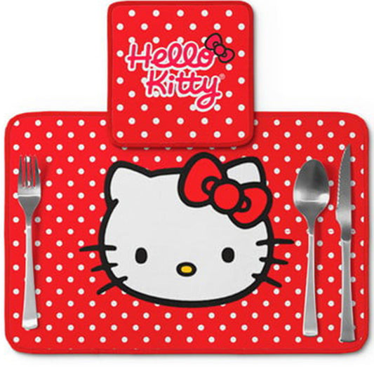 Jogo americano Hello Kitty, vermelho com poás, com porta-prato e porta-copo.