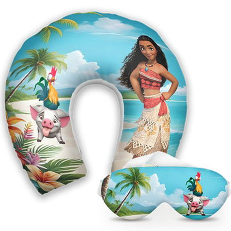 Kit infantil Moana: almofada de pescoço e máscara de dormir personalizadas, estampa praia.