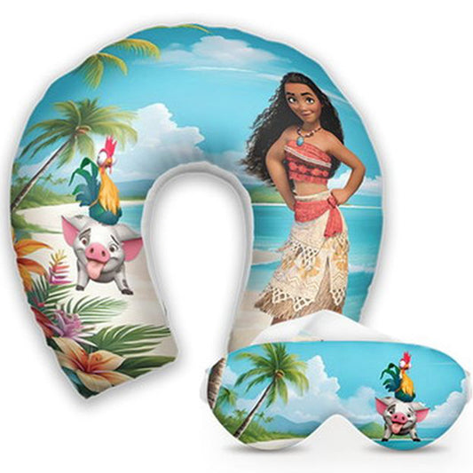 Kit infantil Moana: almofada de pescoço e máscara de dormir personalizadas, estampa praia.