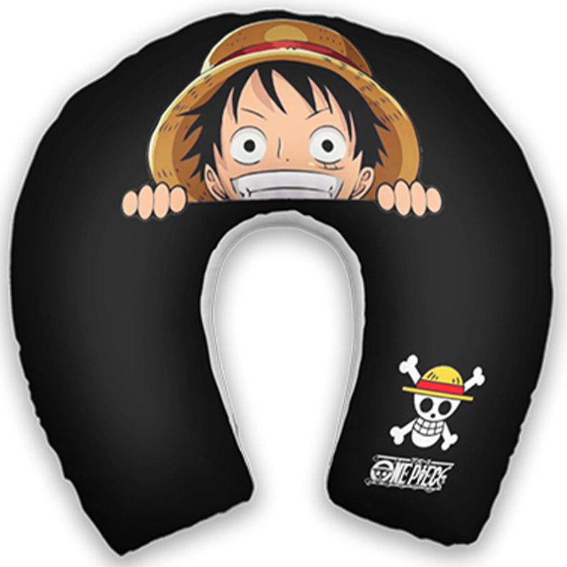 Kit infantil One Piece: almofada de pescoço e máscara de dormir personalizadas, estampa preto.